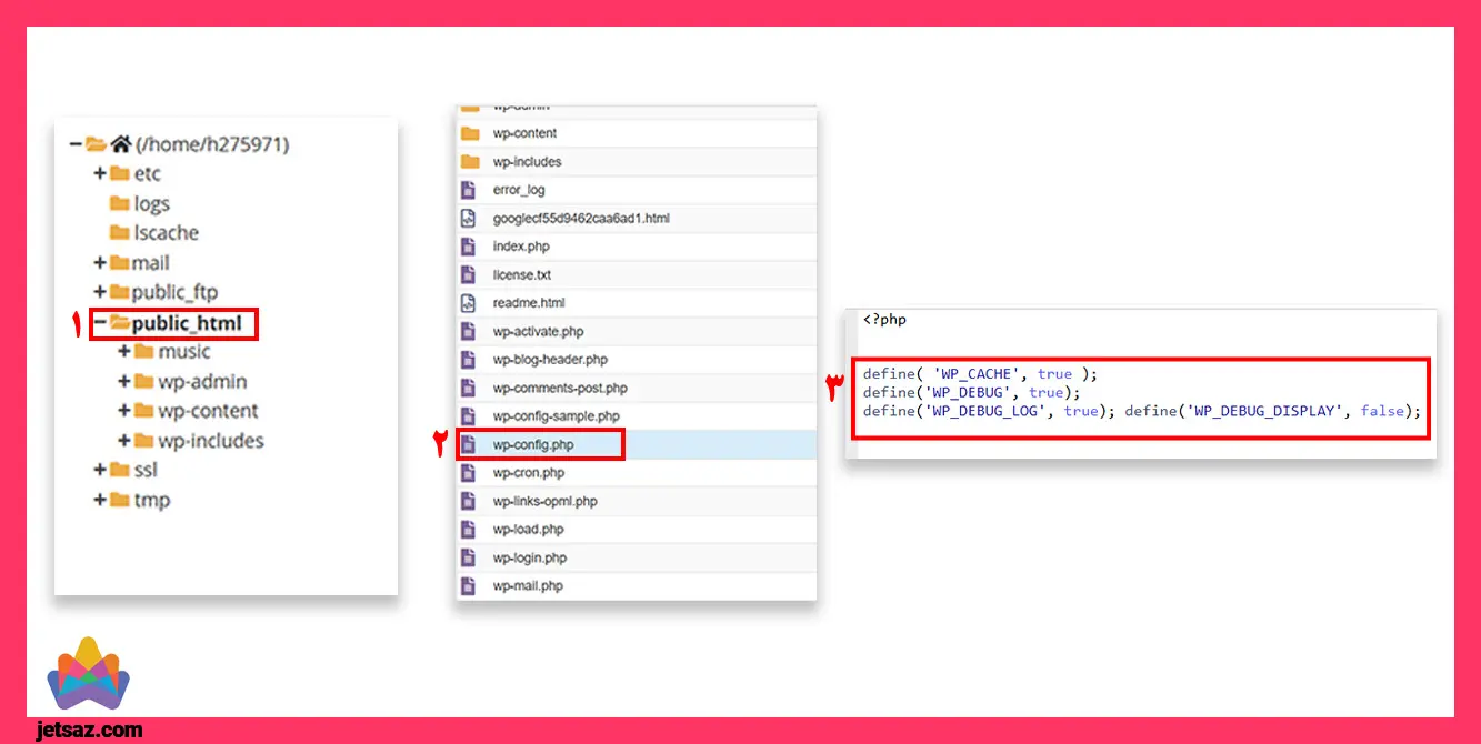 عکس مراحل فعال سازی حالت اشکال زدایی در wp-config.php